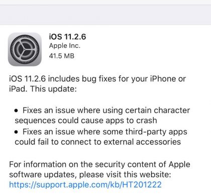 Apple Releases Important iOS 11.2.6 Update for Special Character Bug [source: forbes]