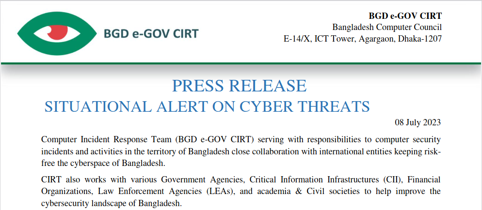 Press Release July 08 2023: Alert from CIRT