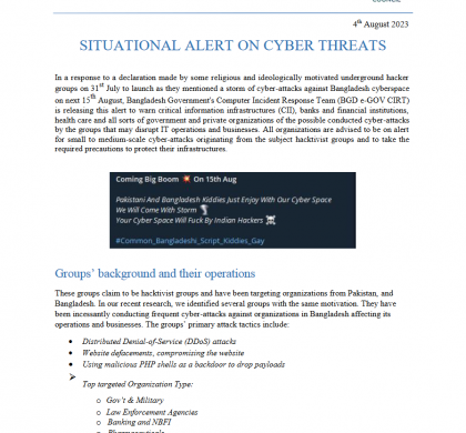 SITUATIONAL ALERT ON CYBER THREATS – August 2023