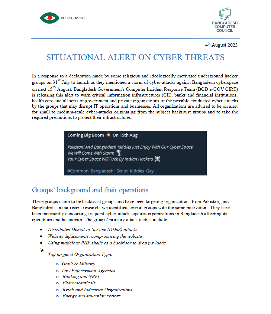 SITUATIONAL ALERT ON CYBER THREATS – August 2023